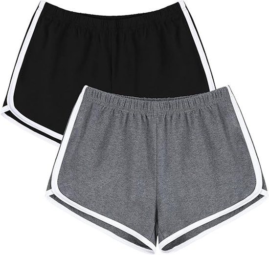 Set van 2 Dames katoenen sportshorts - Sport short dames - Korte broek dames - Korte Broek - Sportbroek - Shorts - Tennisshort - Fitness - voor de sportschool, yoga, zomer, hardlopen, dansen, andere activiteiten - Zwart, Grijs - M - Tailleomtrek: 70