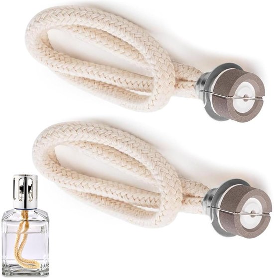 Twee stuks crèmekleurige gevlochten lonten met een metalen fitting en keramisch steentje.