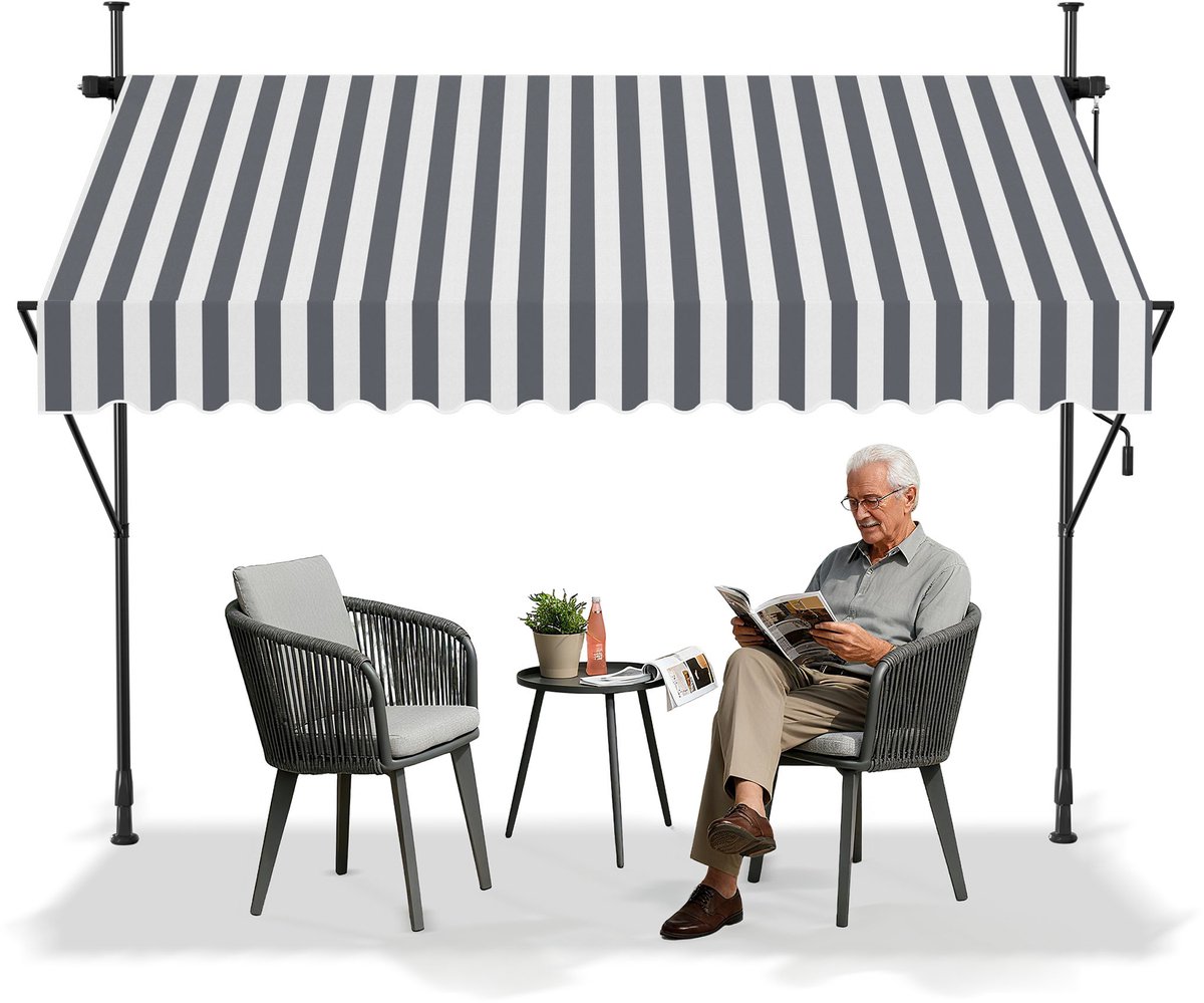 ACXIN Klemmarkies Balkonmarkies - Uitschuifbare Zonwering Handkurbel - 350x120cm Grijs-wit