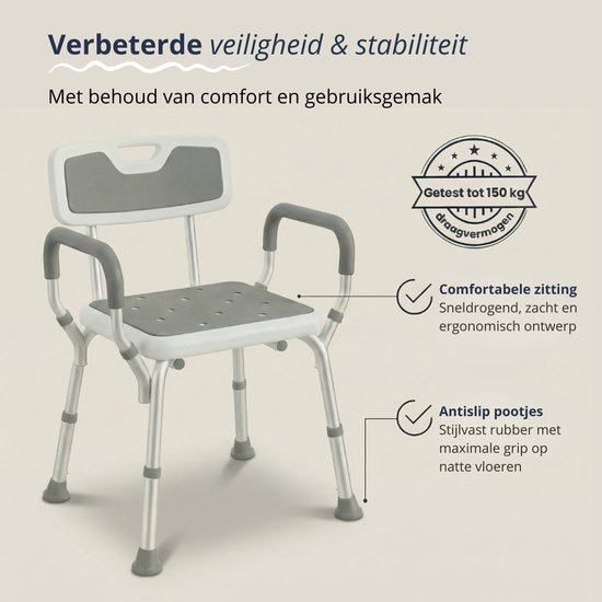 BY JRM® Douchestoel - Douchekruk - Incl. badset, douche puff en douchekophouder - Met Armleuning - Hoogte Verstelbaar - Antislip - Grijs