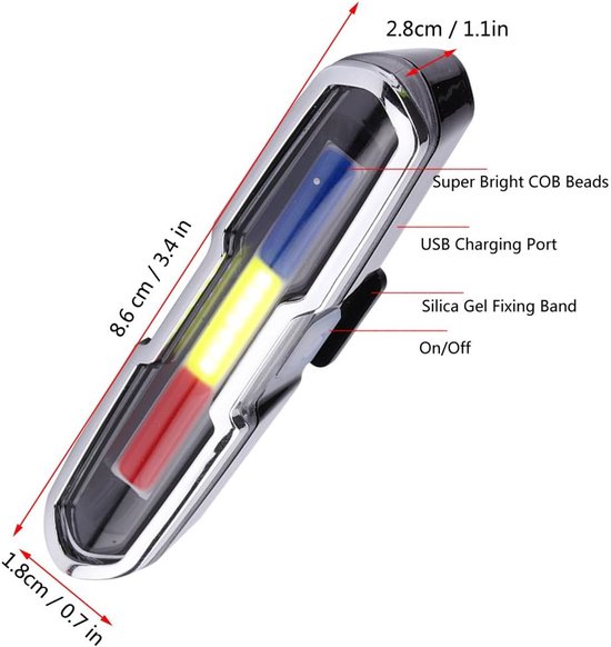 2-Stuks - Fiets Achterlicht - Ultra Helder USB Oplaadbaar Hoog LED Achterlicht - Fietsaccessoires voor Fietsen en Mountainbikes - Rood + Blauw + Wit - Waterdicht - Eenvoudig te Monteren - Veiligheid voor Nachtelijk Fietsen — afbeelding 3