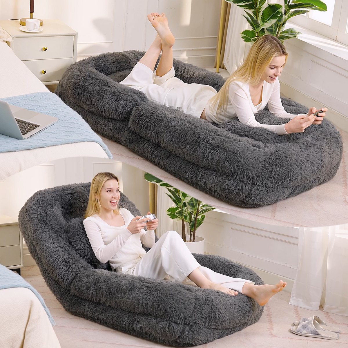 Luie Bank, Menselijk Hondenbed, 5-laags Verstelbare Gamingstoel op de vloer, Woonkamer, Geschikt voor Gaming, Meditatie, Ontspanning, Pluche Stof, Donkergrijs