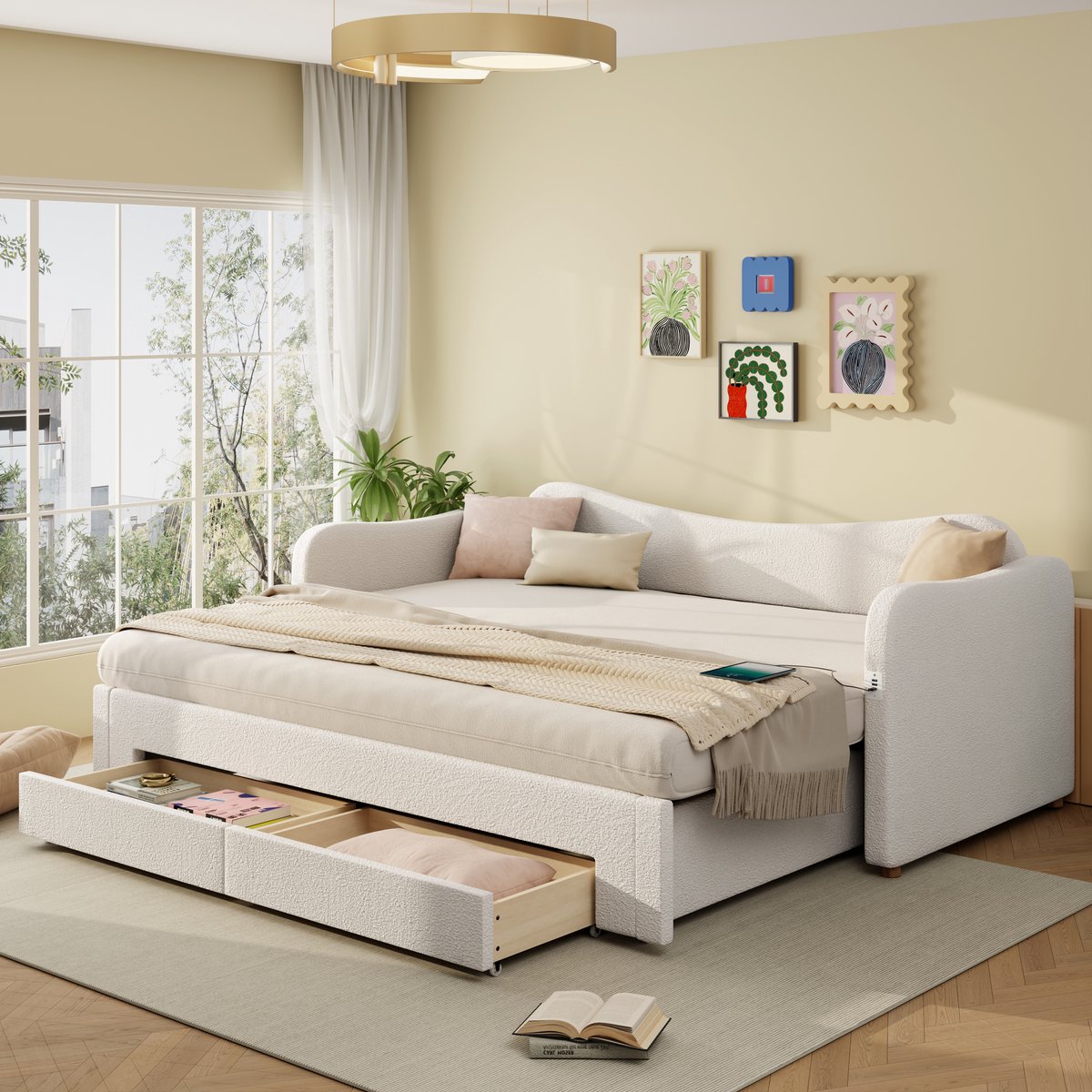 HAUSS SPOLE Gestoffeerd Dagbed 90x200cm - Uitschuifbaar Tot 180x200cm - Met 2 Opbergladen En USB En Type C - Met Lattenbodem Zonder Matras - Bouclé - Beige