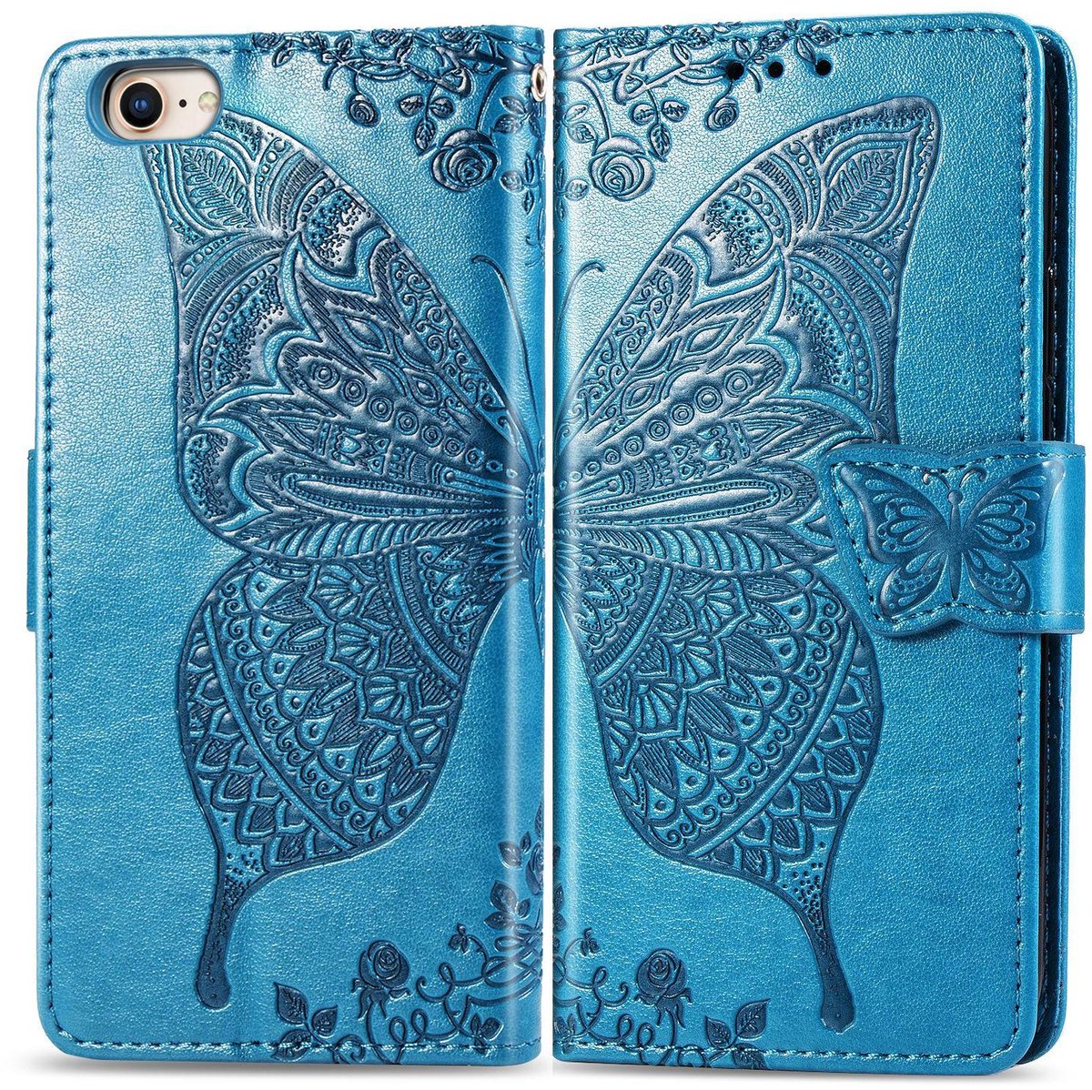 Mobigear Telefoonhoesje geschikt voor Apple iPhone 17e Hoesje | Mobigear Butterfly Bookcase Portemonnee | Pasjeshouder voor 3 Pasjes | Telefoonhoesje voor Pinpas / OV Kaart / Rijbewijs - Blauw