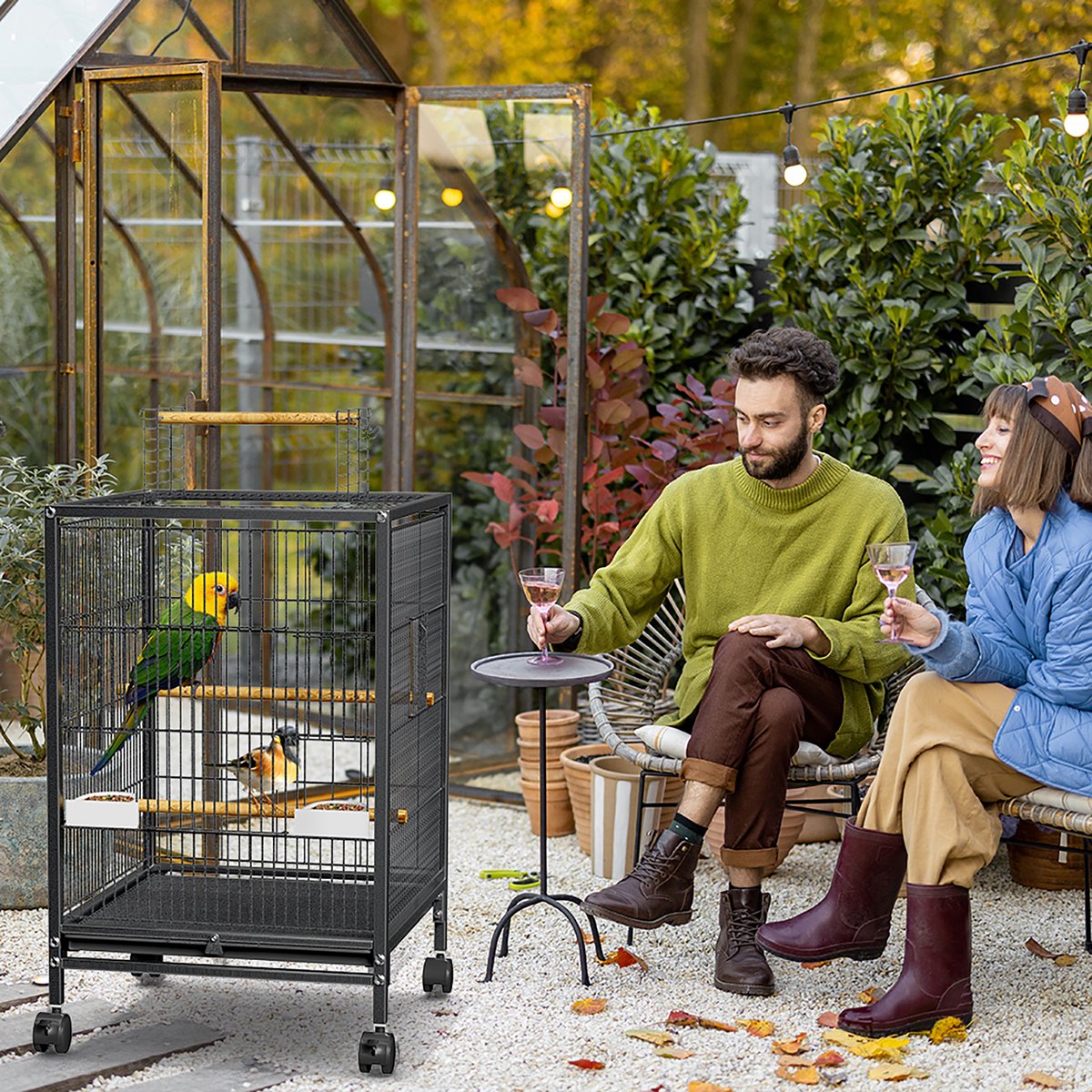 Metalen vogelkooien 46x46x91cm, parkietenkooi met zitstok, houten standaard, valkparkietenkooi, draagbare volière met dakraam, deur, voerbak, uitneembare lade en wielen NAIZY thumbnail 3
