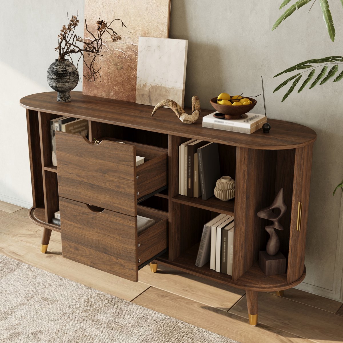 HAUSS SPOLE Dressoir - Verticale Houtstructuur Met 2 Schuifdeuren En 2 Lades - Opbergkast Voor Woonkamer En Hal - MDF - Walnoot - 140x40x79,5 Cm Notenhout