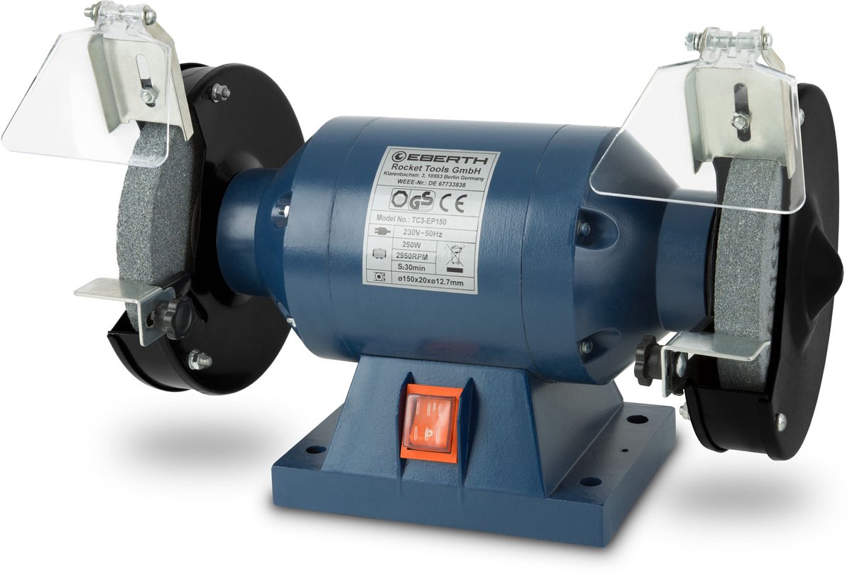 EBERTH slijpbok dubbele slijpmachine Elektrisch 250 W, grove A36, fijne A60 slijpschijf met een diameter van 150 mm, 2x vonkenvanger, 2x gereedschapshouder, rubberen voetjes, tafelmontage