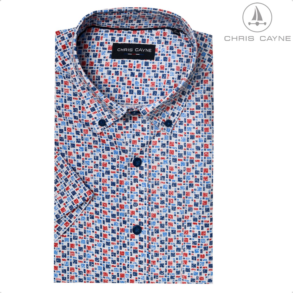 Chris Cayne heren overhemd - korte mouw - 4XL - borstzak - rood/blauw - geprint dessin - 100 % Katoen - borstzak