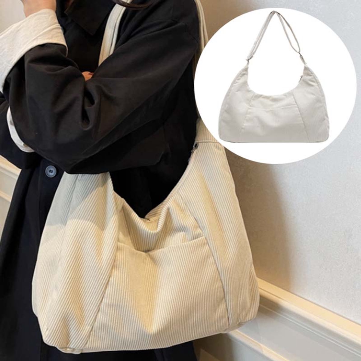 Dames Handtas - 44×15×39cm - Ribfluwelen Schoudertas & Uniseks Tote Bag - Met Verstelbare Schouderriem - Voor Dagelijks Gebruik (Beige wit)