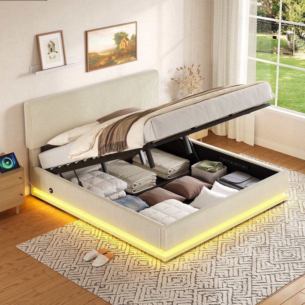 MODFU Bedframe 180x200 cm, corduroy stof, met LED, USB-C en opbergruimte, beige
