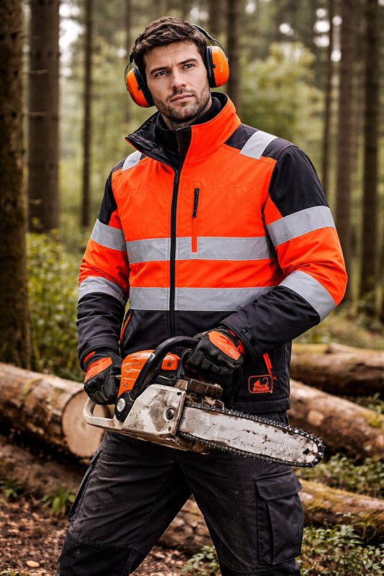 Man in oranje/antraciete werkjas met reflecterende strepen, draagt gehoorbescherming en houdt een kettingzaag vast in een bos.