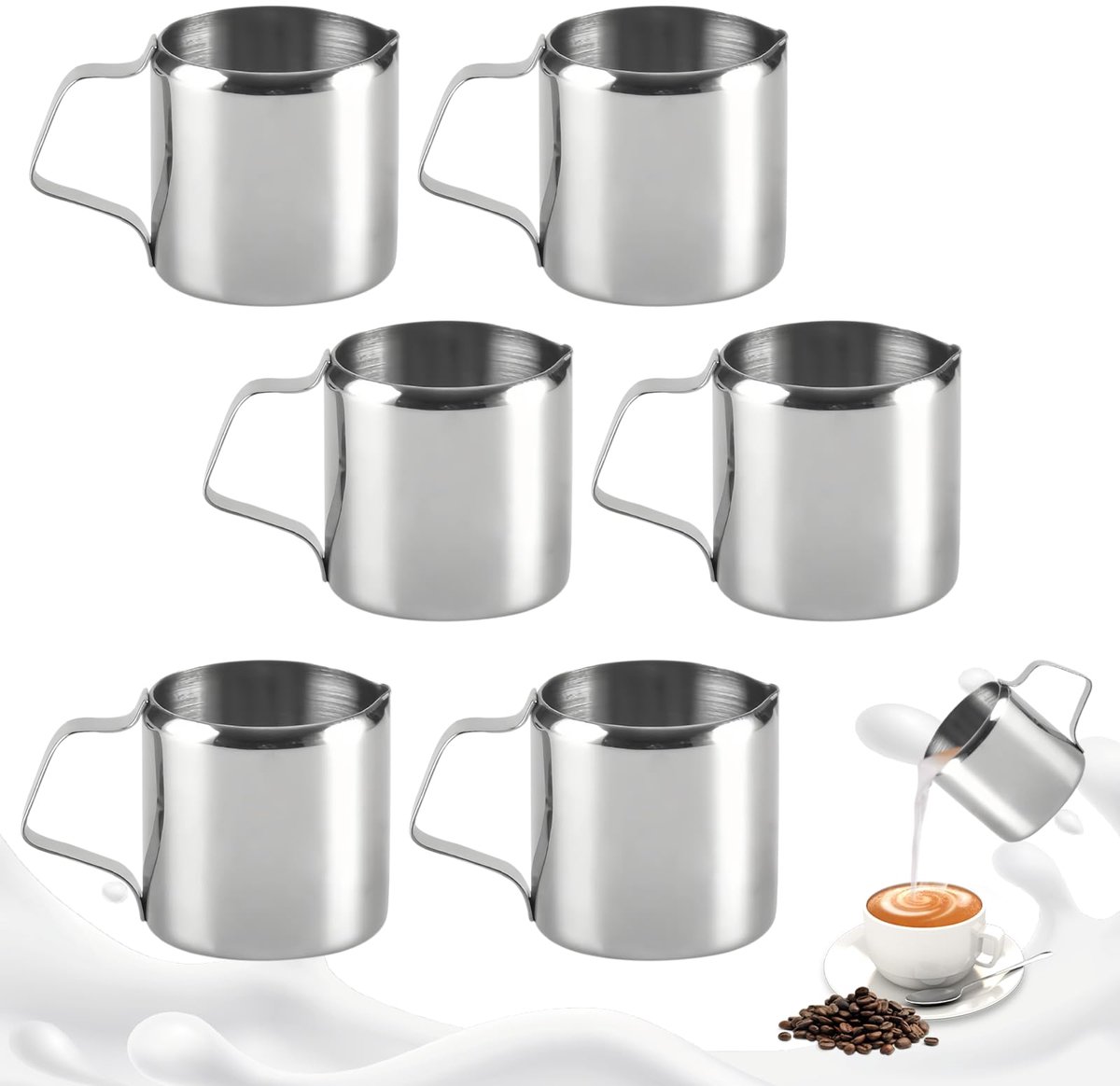 Melkkannen Set van 6 - Mini Roestvrij Stalen Melkjugs - Capaciteit 90 ml