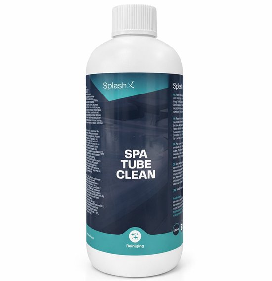 Fles Splash-X Spa Tube Clean met meertalig etiket, met de tekst 'Reiniging' onderaan.