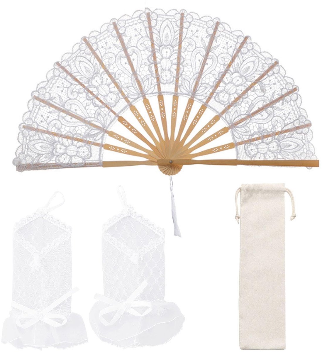Opvouwbare Witte Laken Katoenen Ventilator - Elegante Retro Ontwerp - Inclusief Opslagtas en Net Handschoenen