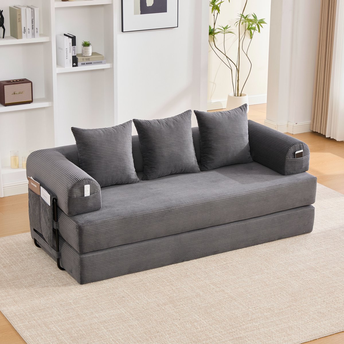 3-Zits Bank Opvouwbare Compressiebank met Stevig Metalen Frame, Zijvakken en 3 Kussens. Individuele Loungelandschappen Kunnen vrij Worden Vormgegeven. Moderne Metaal-Stofcombinatie - Ideaal voor in de Woonkamer. Donkergrijs