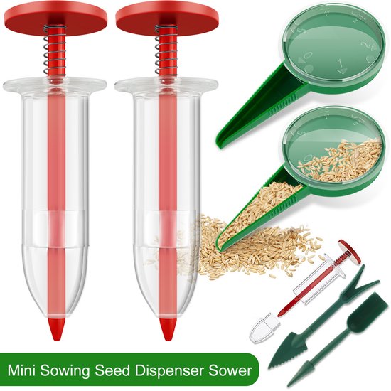 Universele 6-delige mini-zaaddispenser, mini-zaaizaaddispenser, klein zaadplantgereedschap, handmatige zaailing, handbediende zaadzaaidispenser voor kleine zaden, wit, groen, rood van Sugelary — afbeelding 3