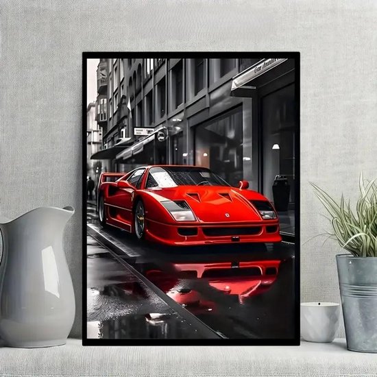 Canvas poster - Autoposter - Auto - Sportwagen - Ferrari F40 - Supercar - Hypercar - Rode sportwagen in stadsomgeving - 30x40 cm - Zonder lijst - Mancave - Trendy