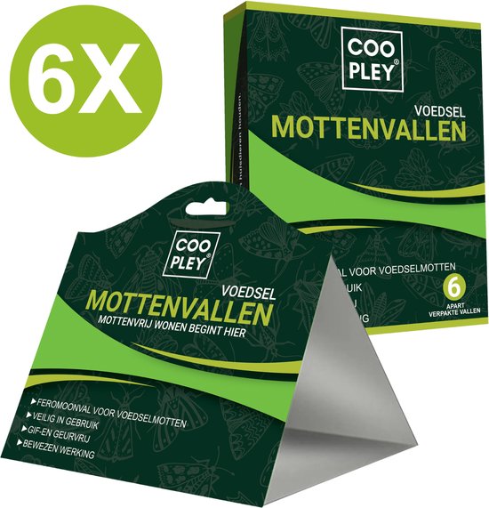 Groene verpakking van Coopley mottenvallen met 6 stuks, met vlinderprint en 'Mottenvrij wonen begint hier'.