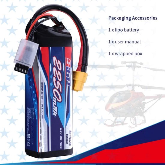 SANKAKU 2250mAh 11.1V 3S 25C LiPo Batterie – XT60, Pour Drone, Avion, Hélico RC