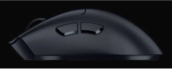 Zijprofiel van een zwarte Razer DeathAdder V3 hyperspeed gaming muis met twee programmeerbare knoppen.