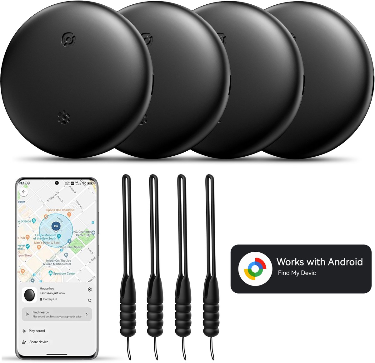 Sytifro GPS Tracker–Android / Google Find My Device - Android Tracker - Bluetooth Tracker - 4 Pack–Met geluid–Bluetooth Tracker–Sleutels, Fiets, Auto, Kat, Hond & Kind–Key Finder- Zwart