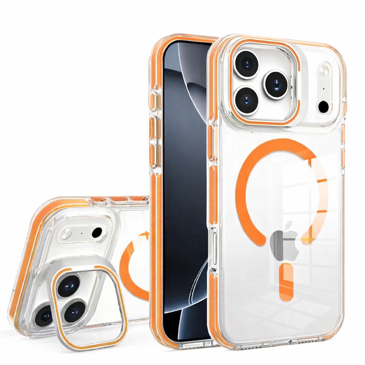 Blijvend Transparante MagSafe Telefoonhoes – Shockproof Back Cover met Camera Bescherming & Ingebouwde Standfunctie – Oranje – Geschikt voor iPhone 17
