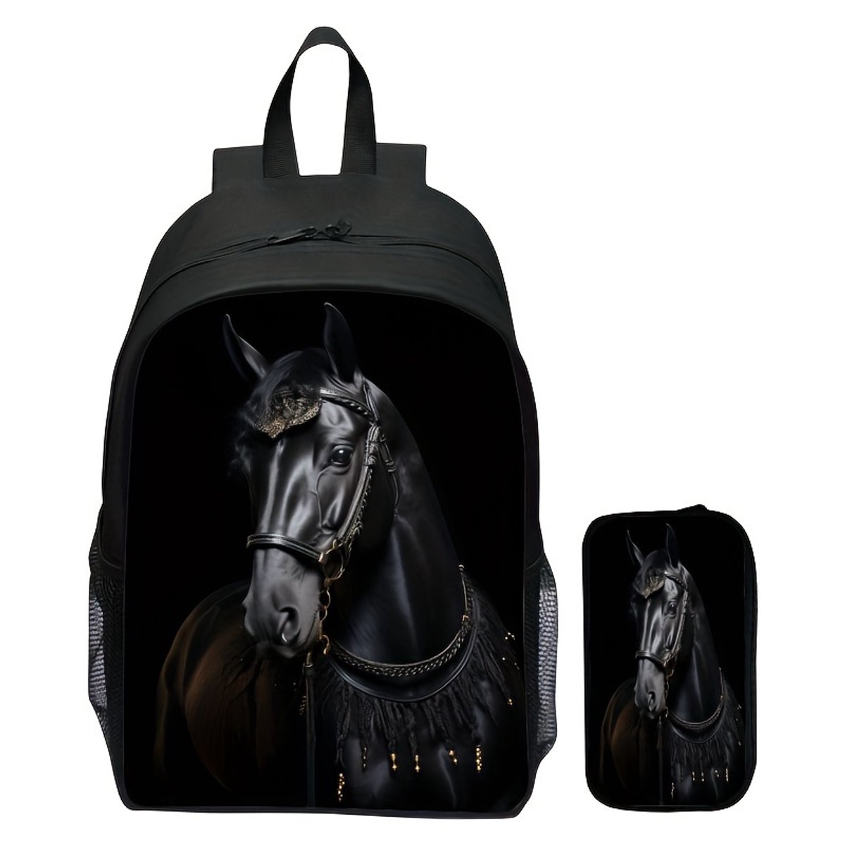 Rugzak dames | Zwarte Paarden Rugzak | Paardenpatroon Rugtas | Rugzak meisje | Mooie Rugzakken met een Paard | Paarden Etui | Paarden Rugzak Pakket | 15 liter