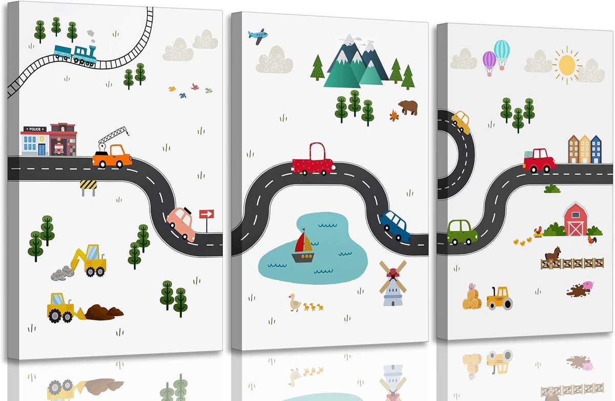 Canvas Wanddecoratie Kinderkamer Jongen: Cartoon Trucks en Vervoer Posters voor Babykamer