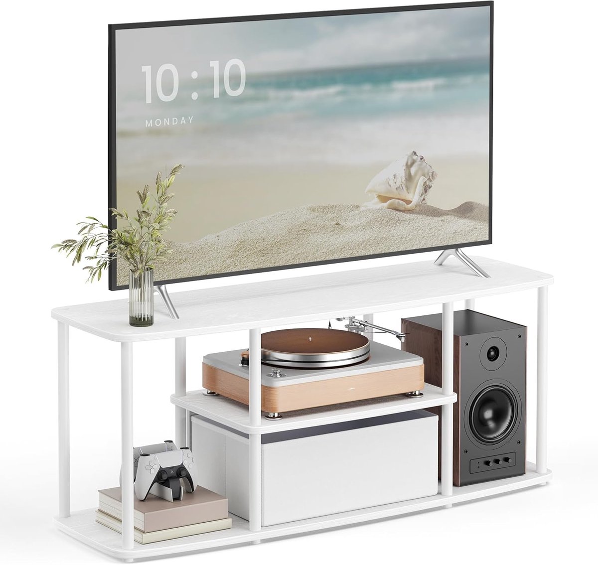 TV-meubel modern wit 110x35x46 cm – supersnelle montage zonder gereedschap, lowboard, tv-kast en opbergrek voor woonkamer en slaapkamer – Abkantoor