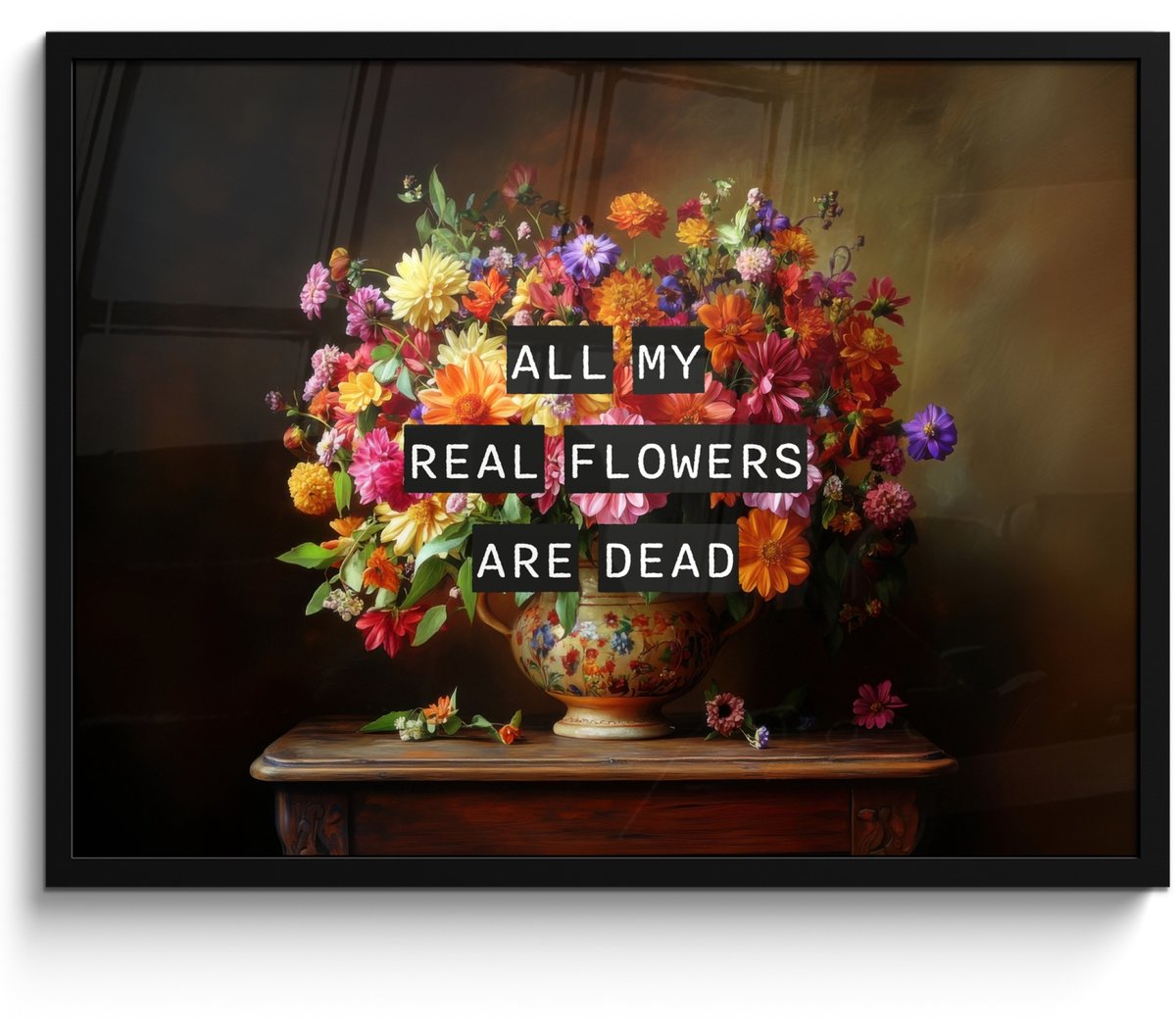 FrameYourWall Poster in lijst - Fotolijst 70x50 cm - Posters - Kleur - Bloemen - Vintage - Bloemenvaas - Posterlijst zwart - Decoratie - Wanddecoratie woonkamer - Muurdecoratie slaapkamer Bloemen - Kleurrijk - Quote
