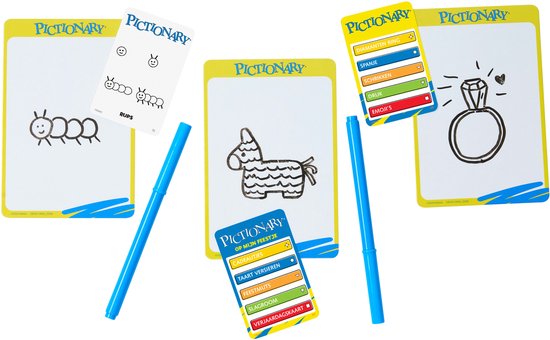 Pictionary spel met tekenkaarten: rups, piñata, ring. Blauwe stiften.