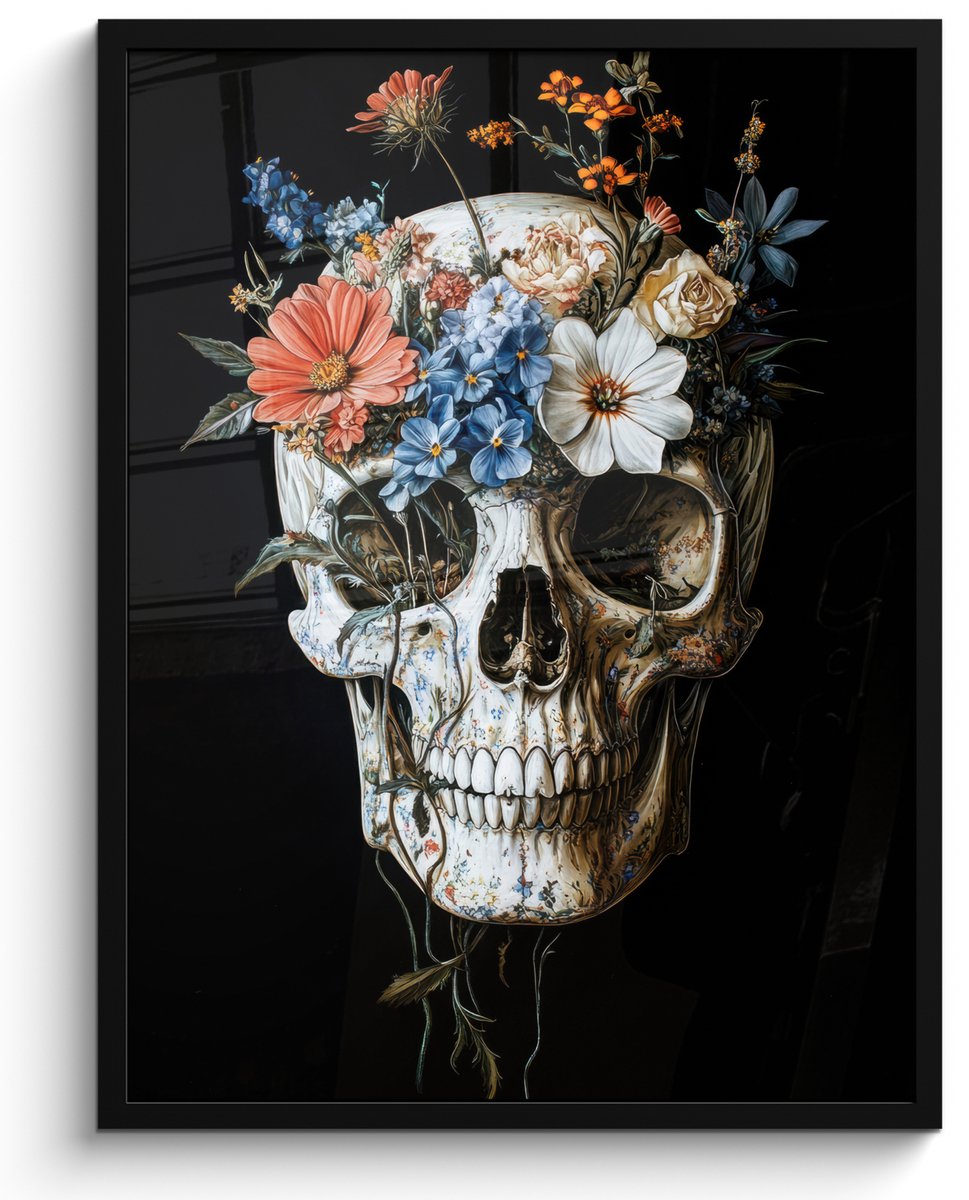 FrameYourWall Poster in lijst - Fotolijst 50x70 cm - Posters - Bloemen - Schedel - Kleurrijk - Posterlijst zwart - Decoratie - Wanddecoratie woonkamer - Muurdecoratie slaapkamer