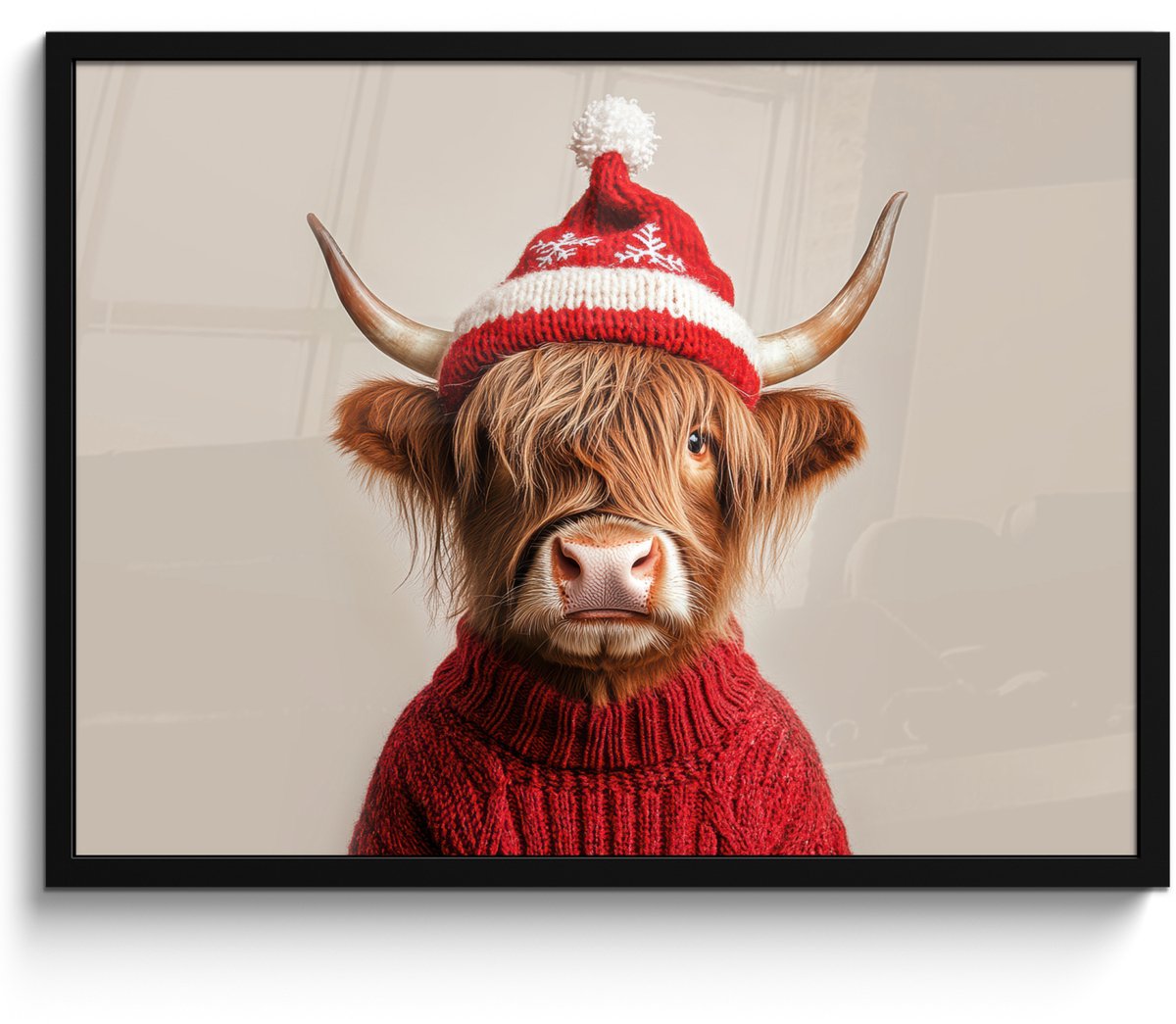 FrameYourWall Poster in lijst - Fotolijst 70x50 cm - Posters - Schotse Hooglander - Kerst - Muts - Trui - Winter - Posterlijst zwart - Decoratie - Wanddecoratie woonkamer - Muurdecoratie slaapkamer - Kerstversiering - Kerstdecoratie voor binnen - Kerstmis