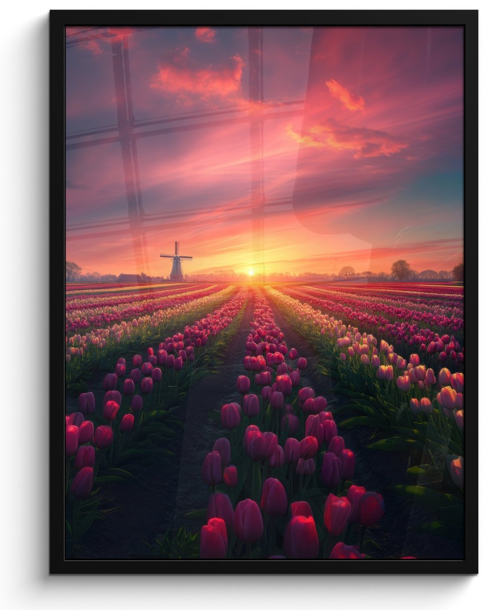 FrameYourWall Poster in lijst - Fotolijst 50x70 cm - Posters - Windmolen - Zonsondergang - Landschap - Posterlijst zwart - Decoratie - Wanddecoratie woonkamer - Muurdecoratie slaapkamer Bloemen - Tulpen