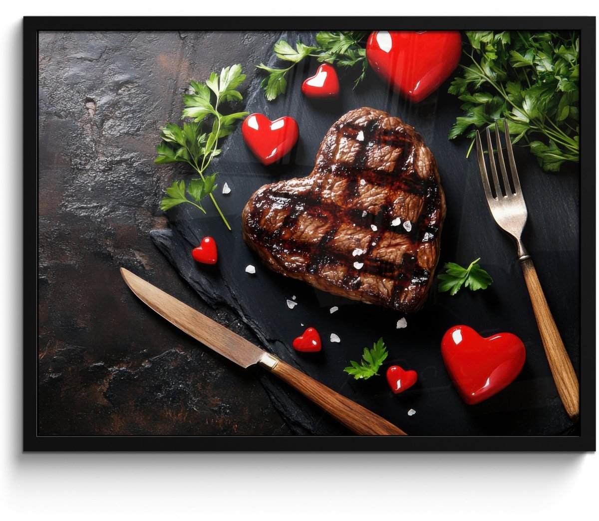 FrameYourWall Poster in lijst - Fotolijst 70x50 cm - Posters - Steak - Hart - Bestek - Posterlijst zwart - Decoratie - Wanddecoratie woonkamer - Muurdecoratie slaapkamer