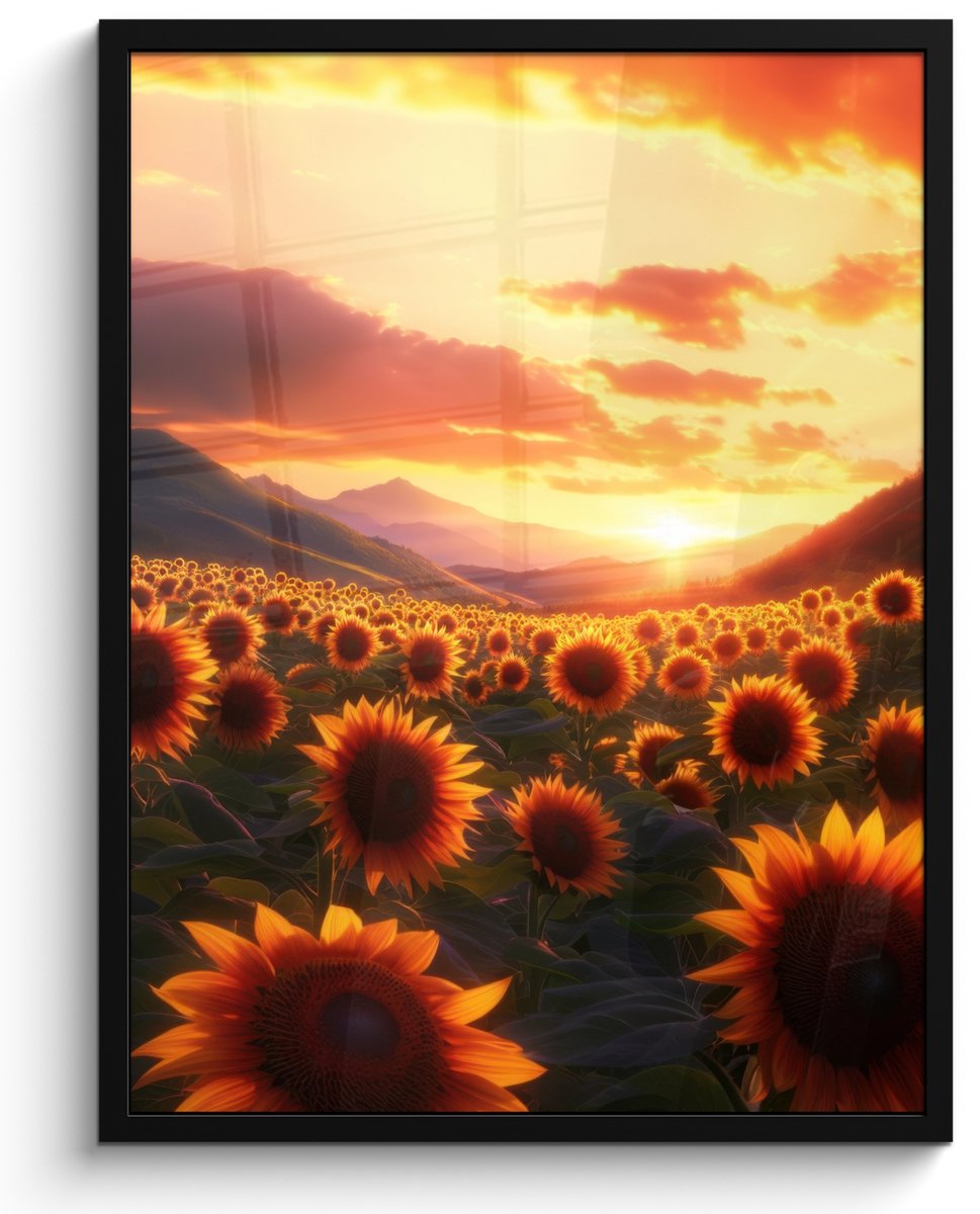 FrameYourWall Poster in lijst - Fotolijst 50x70 cm - Posters - Zonnebloemen - Zonsondergang - Landschap - Posterlijst zwart - Decoratie - Wanddecoratie woonkamer - Muurdecoratie slaapkamer Bloemen - Zonnebloemen
