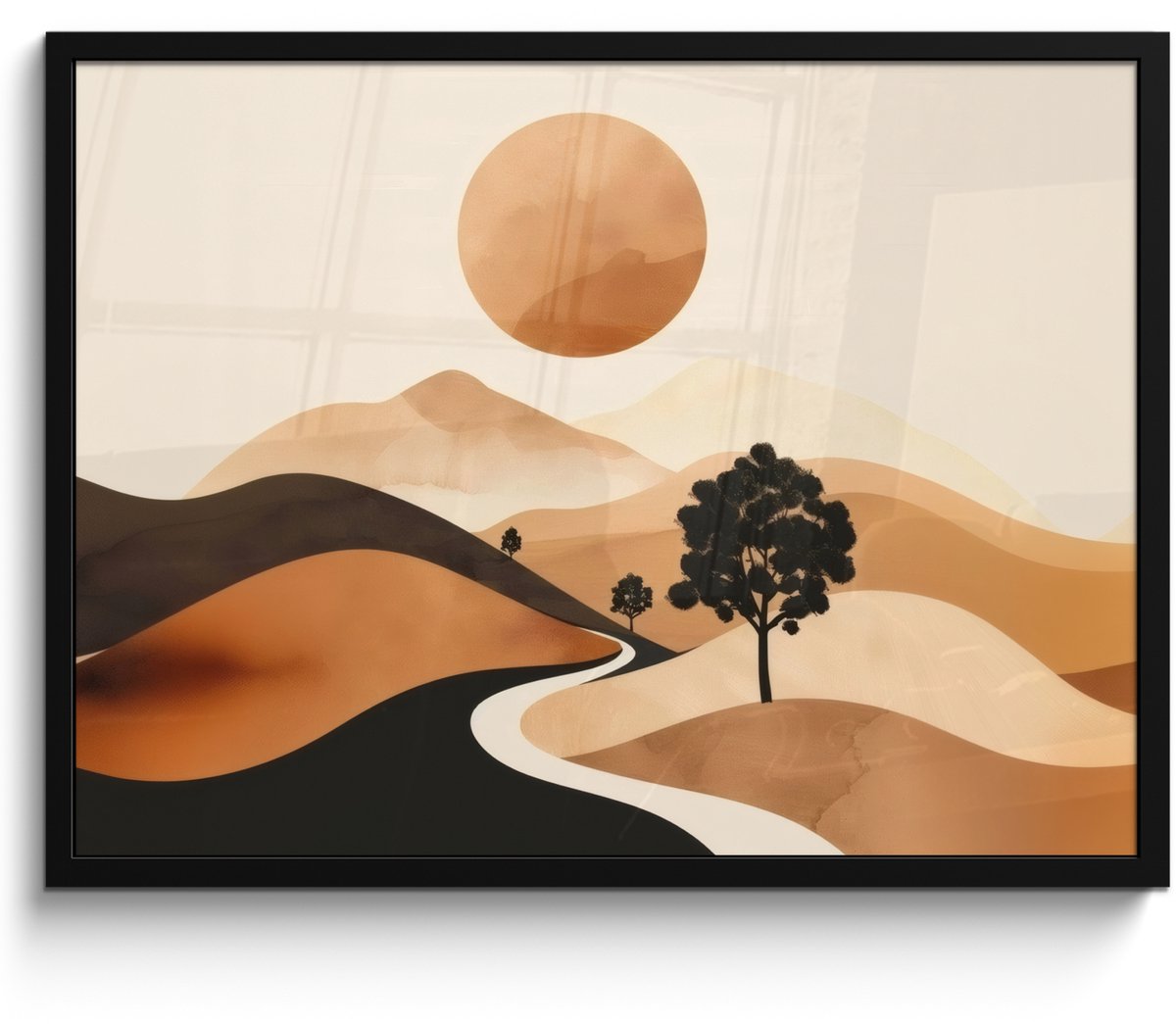 FrameYourWall Poster in lijst - Fotolijst 70x50 cm - Posters - Zon - Heuvels - Boom - Abstract - Posterlijst zwart - Decoratie - Wanddecoratie woonkamer - Muurdecoratie slaapkamer Zon - Heuvels - Abstract