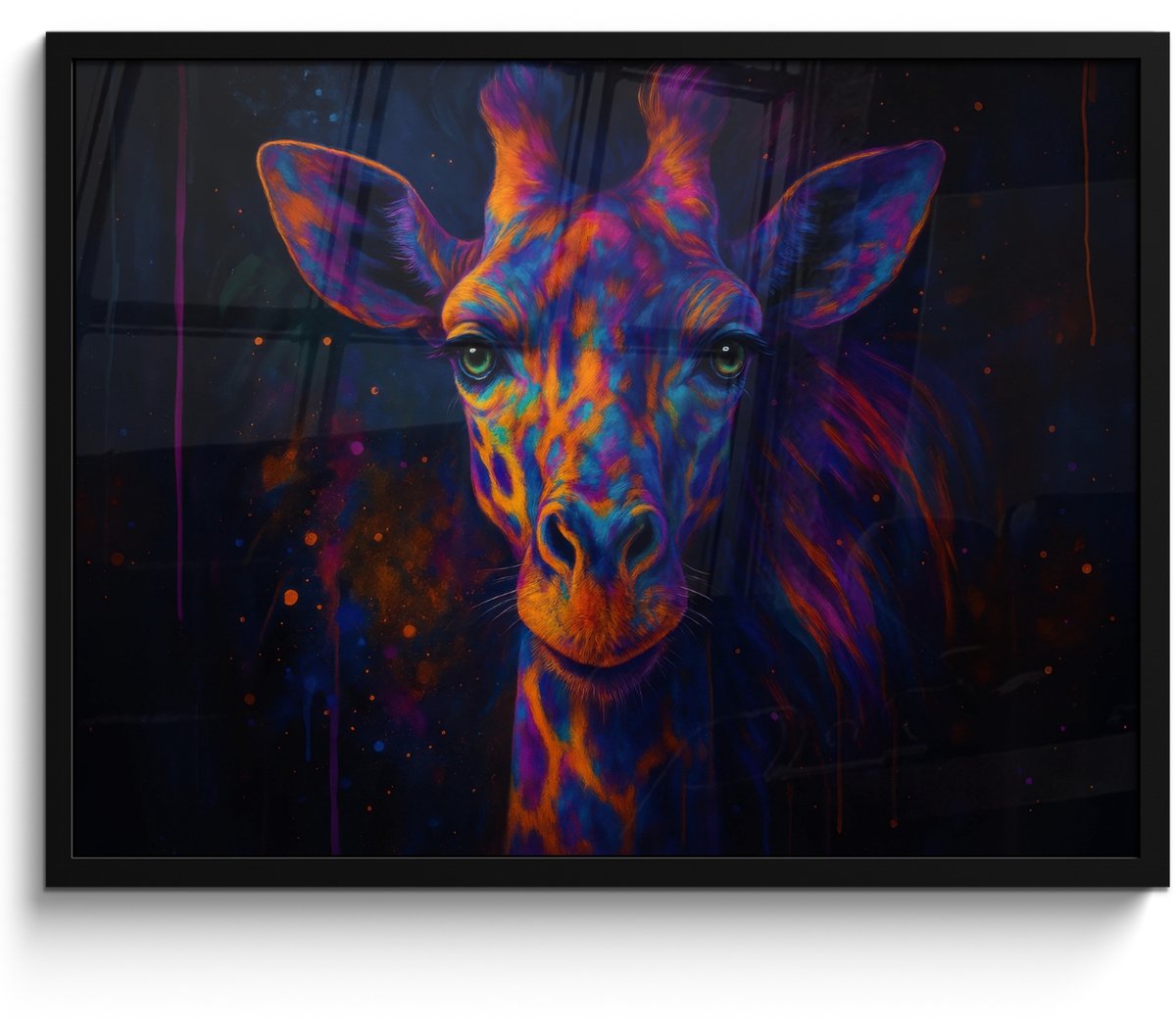 FrameYourWall Poster in lijst - Fotolijst 70x50 cm - Posters - Giraffe - Gekleurd - Verfspatten - Posterlijst zwart - Decoratie - Wanddecoratie woonkamer - Muurdecoratie slaapkamer