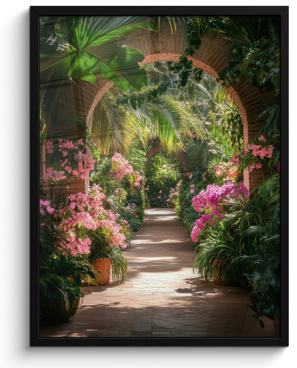 FrameYourWall Poster in lijst - Fotolijst 50x70 cm - Posters - Doorkijk - Tropisch - Bloemen - Natuur - Posterlijst zwart - Decoratie - Wanddecoratie woonkamer - Muurdecoratie slaapkamer Boog - Tropisch