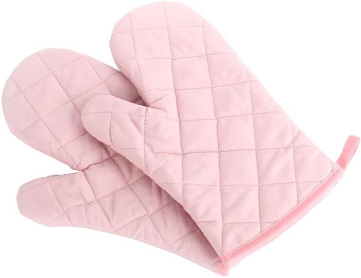 Hittebestendige Ovenwanten Set, Extra Grote Keukenhandschoenen Katoen en Polyester, 1 Paar Roze