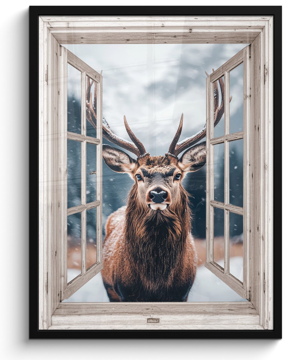 FrameYourWall Poster in lijst - Fotolijst 50x70 cm - Posters - Hert - Dieren - Landschap - Winter - Sneeuw - Doorkijk - Natuur - Posterlijst zwart - Decoratie - Wanddecoratie woonkamer - Muurdecoratie slaapkamer