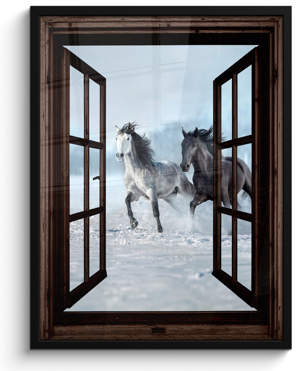 FrameYourWall Poster in lijst - Fotolijst 50x70 cm - Posters - Paarden - Winter - Dieren - Natuur - Doorkijk - Posterlijst zwart - Decoratie - Wanddecoratie woonkamer - Muurdecoratie slaapkamer