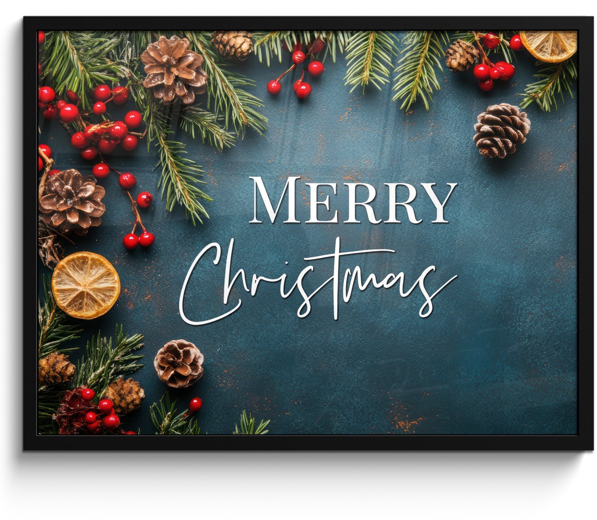 FrameYourWall Poster in lijst - Fotolijst 70x50 cm - Posters - Merry Christmas - Blauw - Kerst - Winter - Posterlijst zwart - Decoratie - Wanddecoratie woonkamer - Kerstdecoratie voor binnen - Kerstversiering - Kerstmis versiering in huis - Christmas decorations Tekst - Merry Christmas