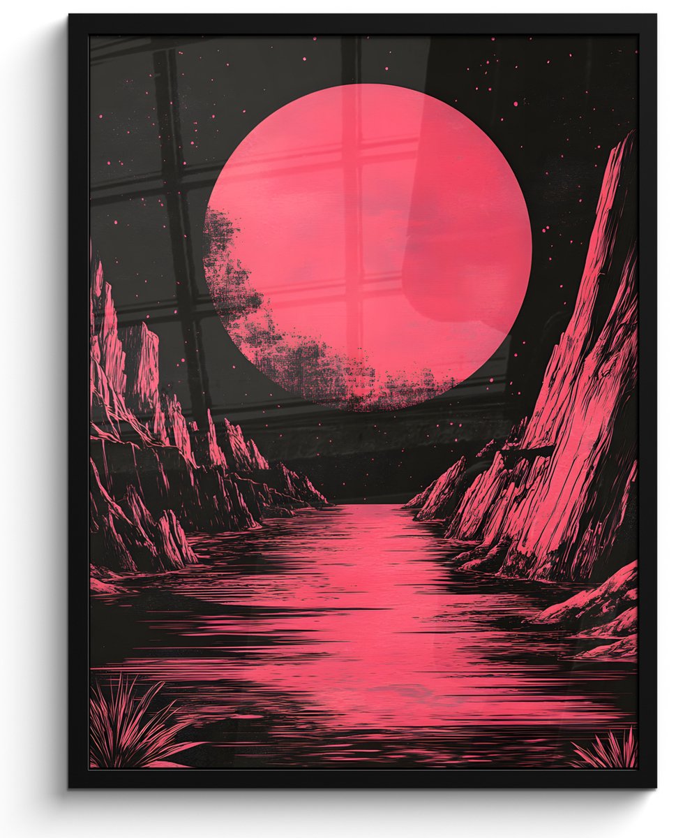FrameYourWall Poster in lijst - Fotolijst 50x70 cm - Posters - Maan - Felroze - Bergen - Rivier - Posterlijst zwart - Decoratie - Wanddecoratie woonkamer - Muurdecoratie slaapkamer Maan - Bergen