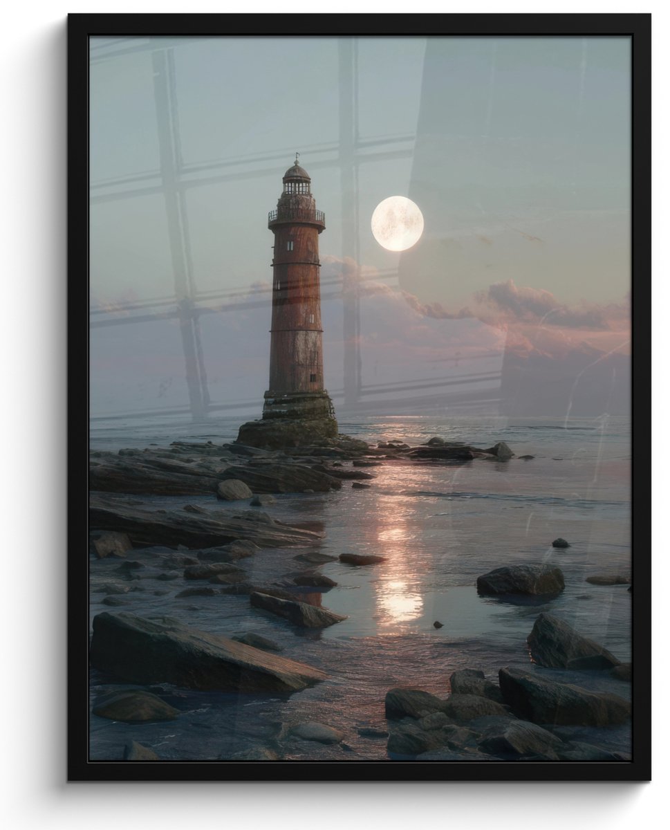 FrameYourWall Poster in lijst - Fotolijst 50x70 cm - Posters - Vuurtoren - Stenen - Water - Maan - Posterlijst zwart - Decoratie - Wanddecoratie woonkamer - Muurdecoratie slaapkamer Vuurtoren - Maan