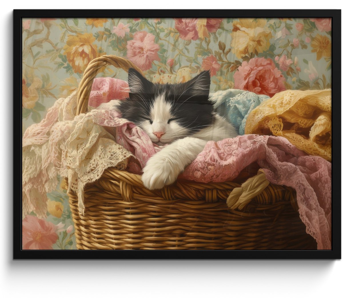FrameYourWall Poster in lijst - Fotolijst 70x50 cm - Posters - Kat - Bloemenprint - Rieten mand - Posterlijst zwart - Decoratie - Wanddecoratie woonkamer - Muurdecoratie slaapkamer Kat - Bloemenprint - Mand