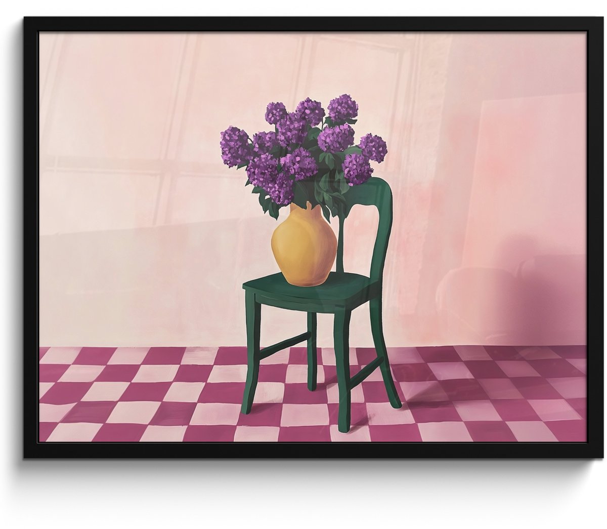FrameYourWall Poster in lijst - Fotolijst 70x50 cm - Posters - Stoel - Vaas - Bloemen - Geblokt - Posterlijst zwart - Decoratie - Wanddecoratie woonkamer - Muurdecoratie slaapkamer