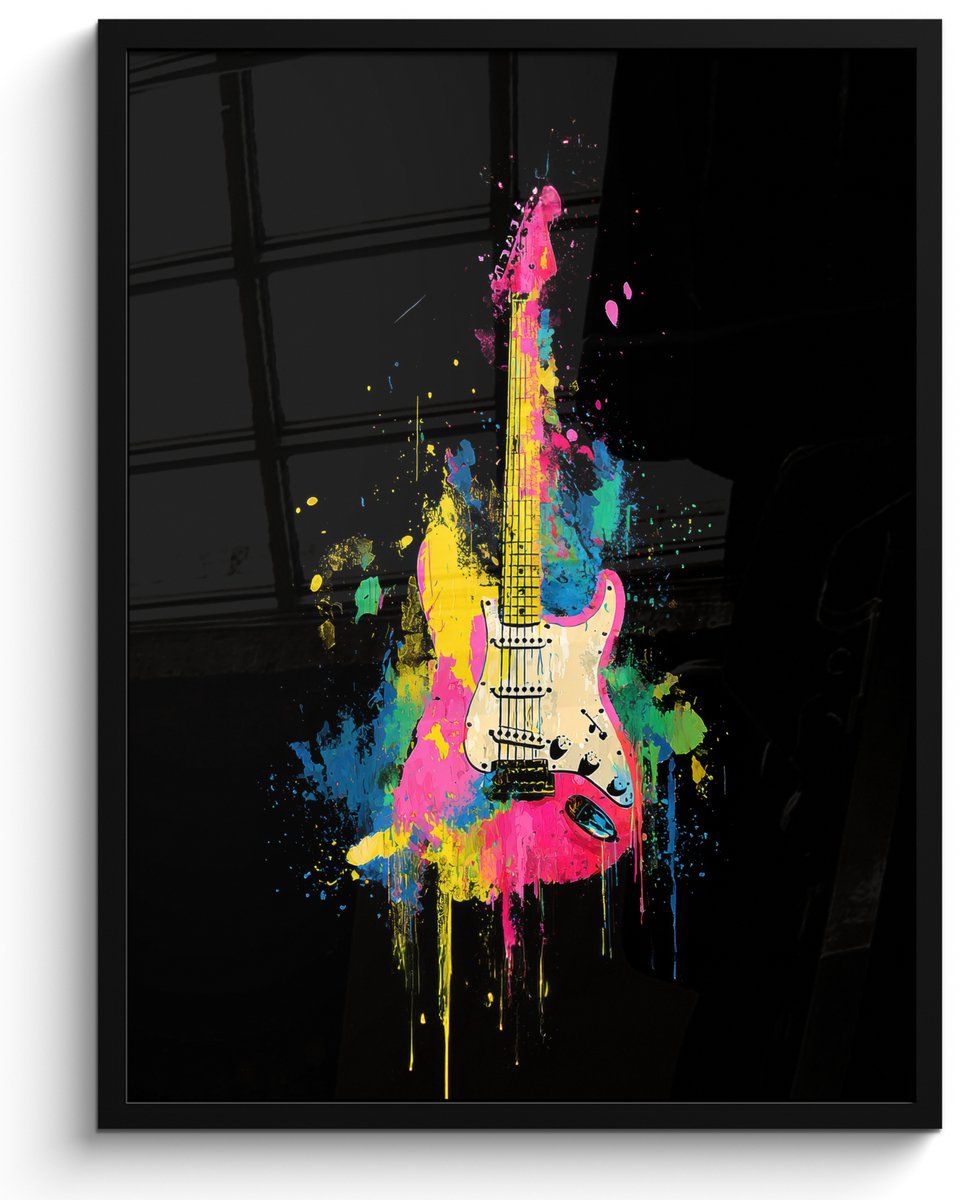 Poster in lijst - Fotolijst 50x70 cm - Posters - Gitaar - Kleurrijk - Verf - Posterlijst z