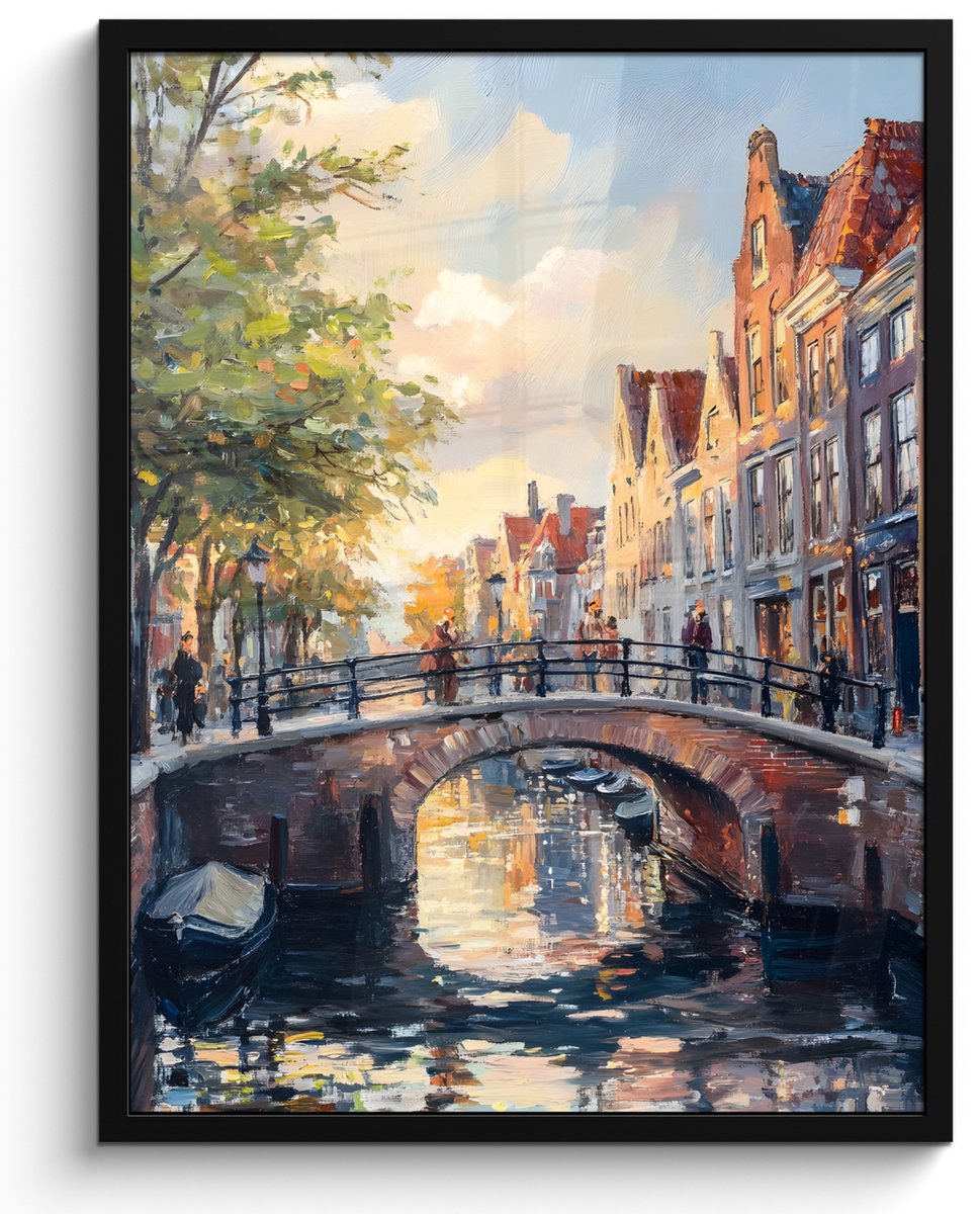FrameYourWall Poster in lijst - Fotolijst 50x70 cm - Posters - Brug - Stad - Huizen - Boot - Posterlijst zwart - Decoratie - Wanddecoratie woonkamer - Muurdecoratie slaapkamer Brug - Stad - Gracht