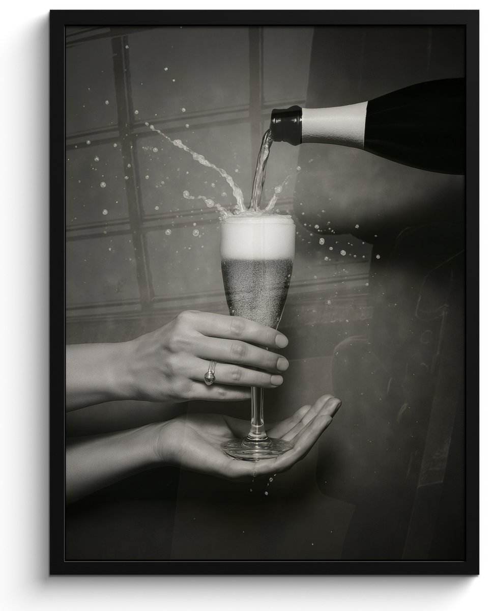 FrameYourWall Poster in lijst - Fotolijst 50x70 cm - Posters - Champagnefles - Glas - Minimalistisch - Spetters - Posterlijst zwart - Decoratie - Wanddecoratie woonkamer - Muurdecoratie slaapkamer Champagnefles - Spetters